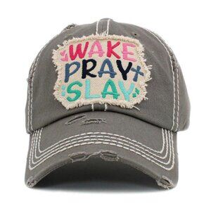 Womens Cross Wake Pray Slay Prayer Warrior Baseball Cap Hat in Distressed Grey